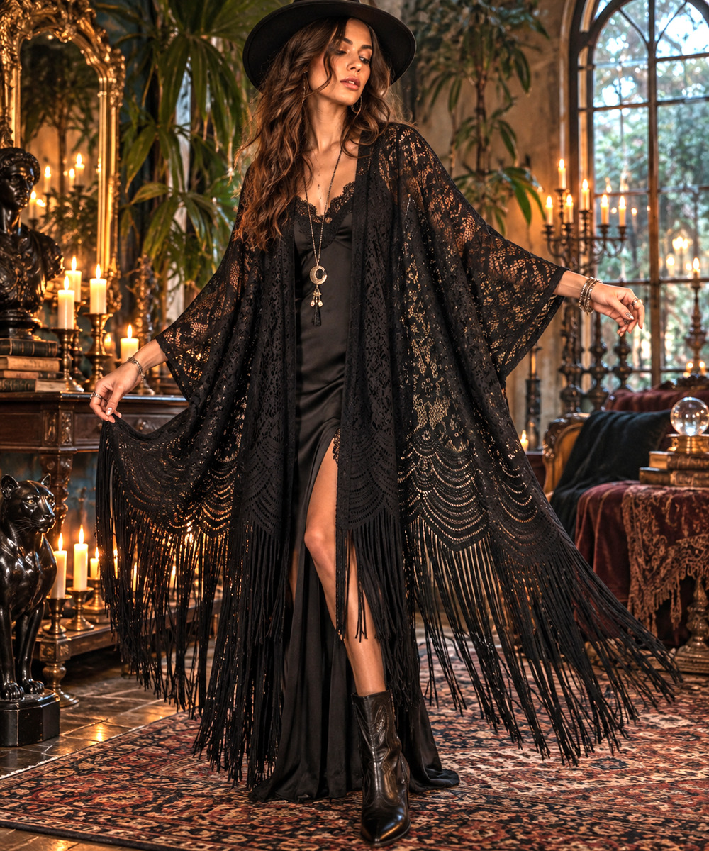 Ember Sz XL Black Lace Fringe Kimono Shawl Goth Whimsigoth Witchy Stevie Nicks